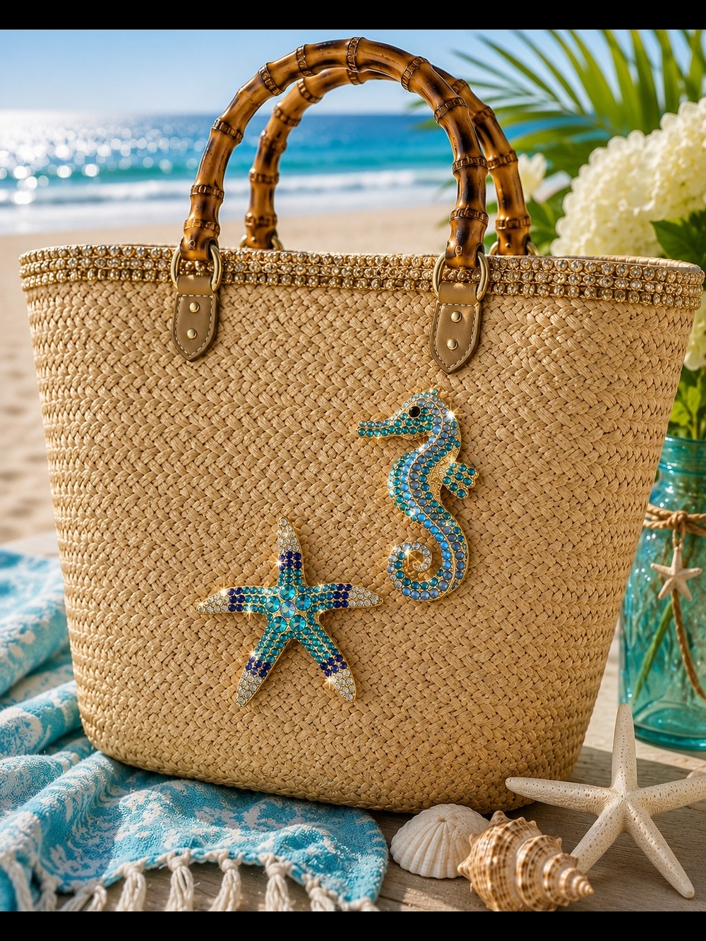 Seahorse & Starfish Crystal Brooches - Blue Aqua Accents